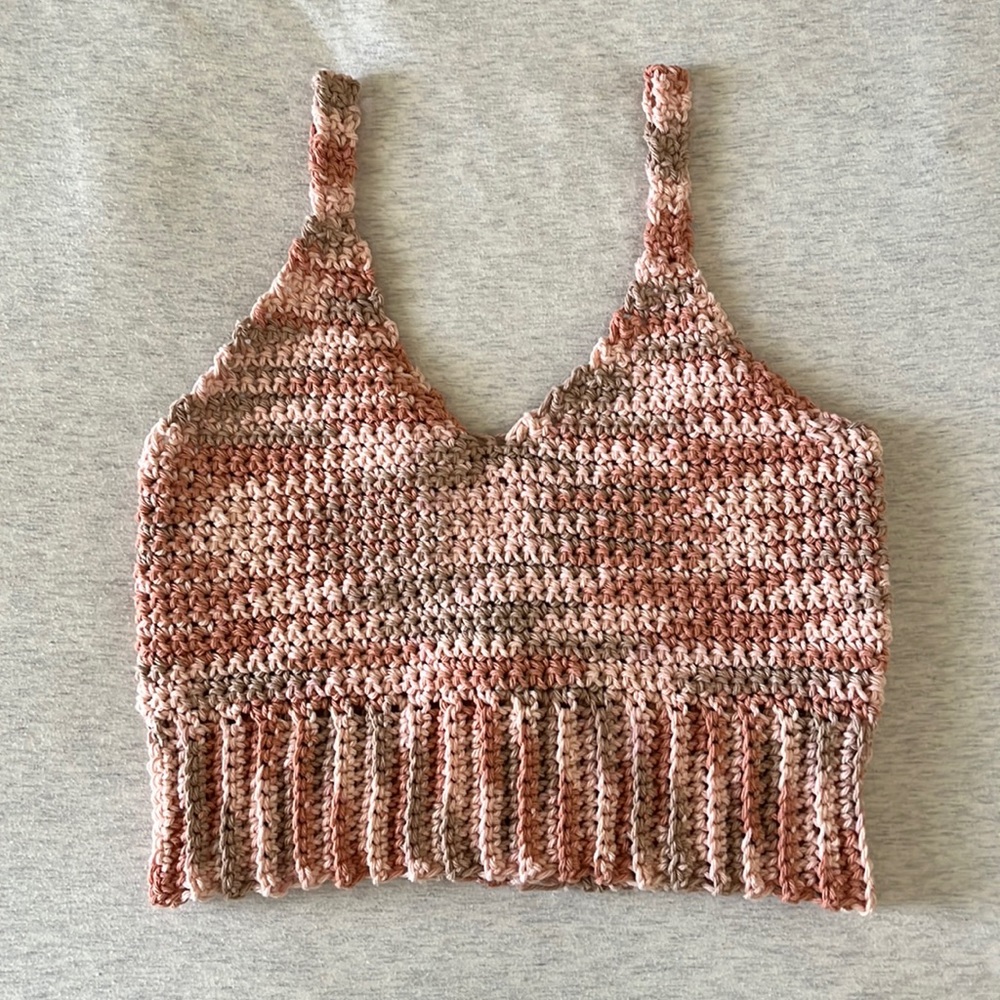 Crochet Tank Top Brown/Beige/Pink w/ Ribbing Detail
